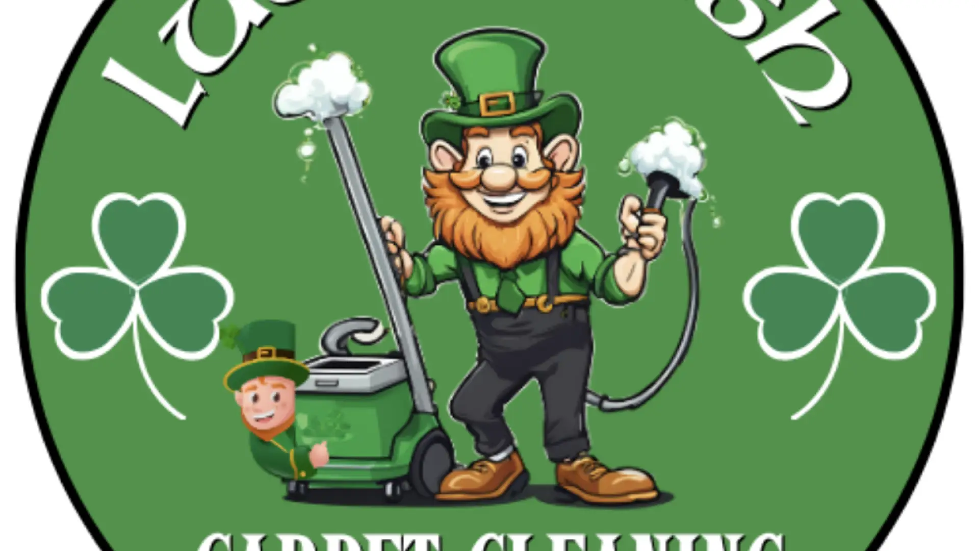A green circle with shamrocks, the words Luck Irish Carpet Cleaning and two leprechauns holding sudsy cleaning tools
